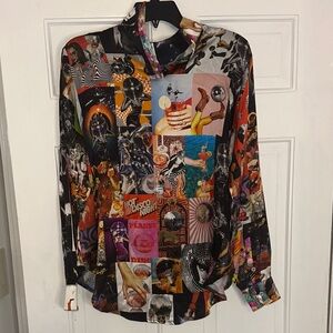 Italian Silk Colorful Collage Print Long-Sleeve Blouse
